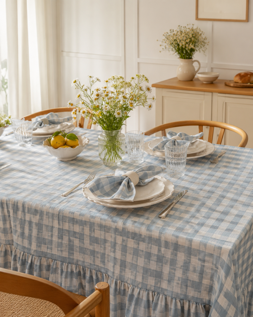 Mariaida Home Ruffle Vichy Mavi Keten Masa Örtüsü 150 x 250 cm